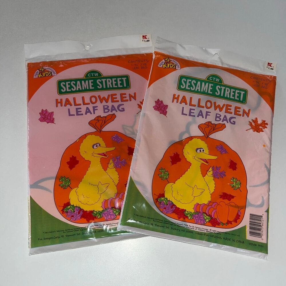 Vintage 90s Halloween Fall Sesame Street Big Bird Garden Lawn Leaf Bags (F)